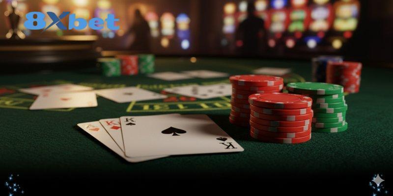 Bàn bài và chip cược trong sảnh 8xbet casino