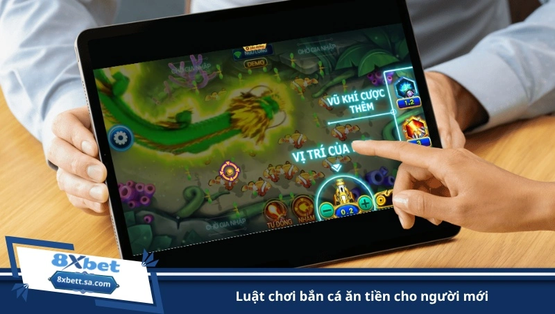 Màn hình máy tính bảng hướng dẫn vị trí súng và vũ khí cược thêm khi chơi bắn cá 8xbet